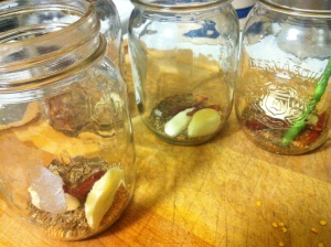 Into the jars: garlic, mustard seed, hot pepper, dill seed